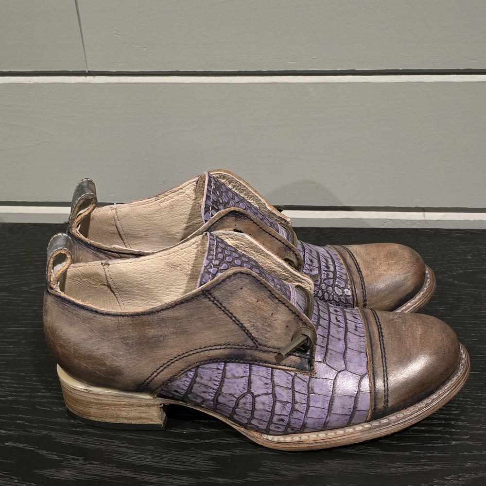 New Freebird Mabel  Brown/Purple Croc-Embossed Shoe 7 - Picture 2 of 7